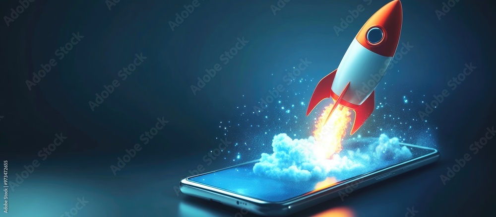 Poster concept of mobile high speed internet illustrated with a flying rocket on a smartphone 3d rendering
