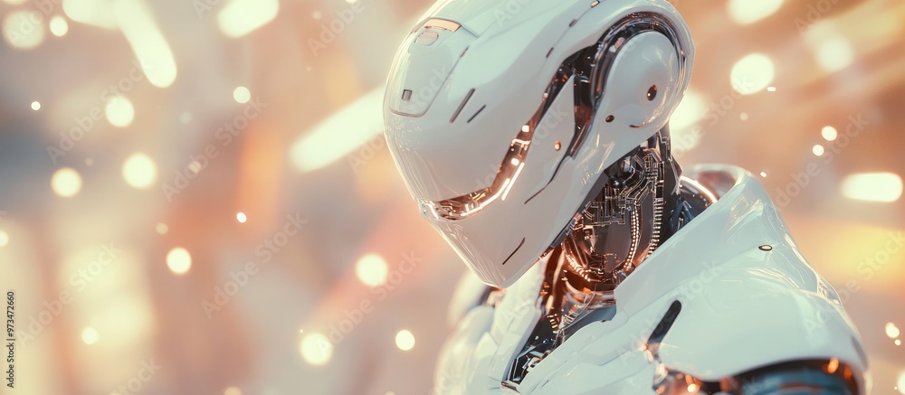 Poster white robot generating futuristic technology structure with 3d rendering against a blurred backdrop