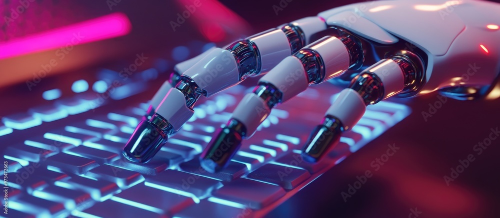 Poster 3d rendering of a robotic hand with flexible fingers quickly typing on a keyboard