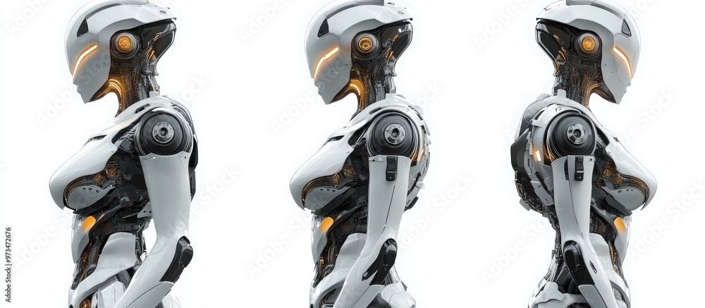Poster 3d rendering of a robot woman or cyber girl from a side view showcasing three different poses agains