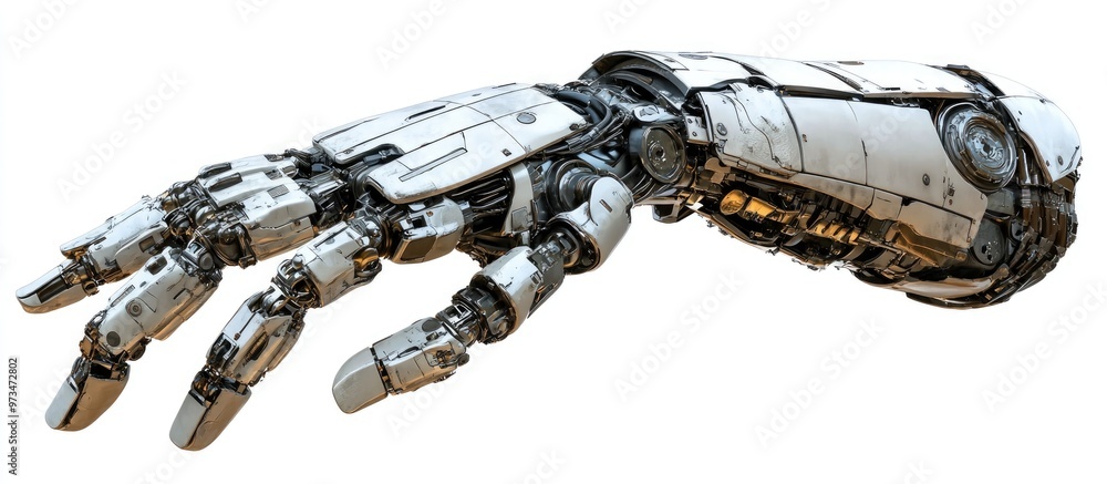 Poster metallic robot hand crafted from machine parts isolated on a white background with a clipping path