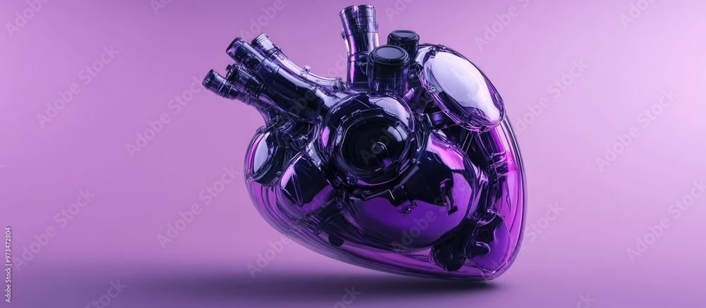 Poster violet futuristic artificial heart rendered in 3d with a sci fi design