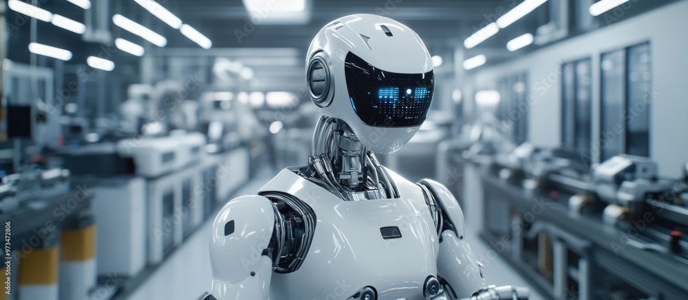 Poster advanced manufacturing facility with a 3d humanoid robot operating on the production line signifying