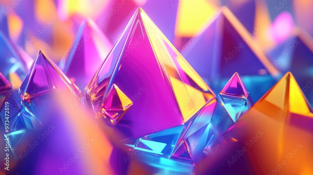 Poster vibrant digital graphic design featuring decorative 3d pyramids in an abstract style creating a colo