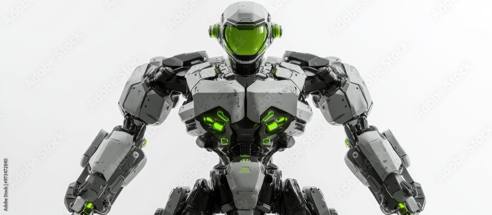 Poster futuristic mech soldier on a white background featuring a green and gray armored robot this battle r