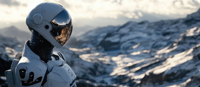 Robot gazing at an extraterrestrial landscape from space Concept of advanced technology and artificial intelligence featuring 3D rendering