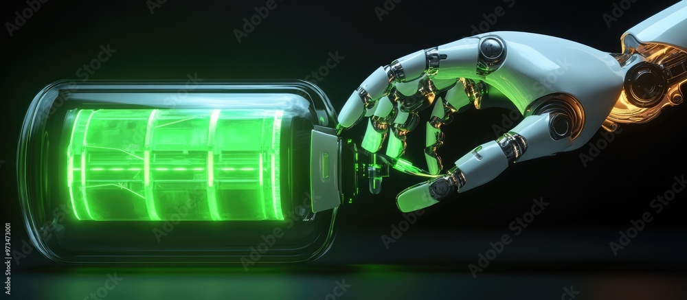 Poster robot hand on dark backdrop grasping and interacting with a green renewable energy battery in 3d ren