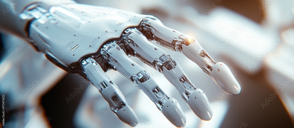 Poster white robotic hand on a blurred background crafting a 3d rendering of a futuristic technology struct