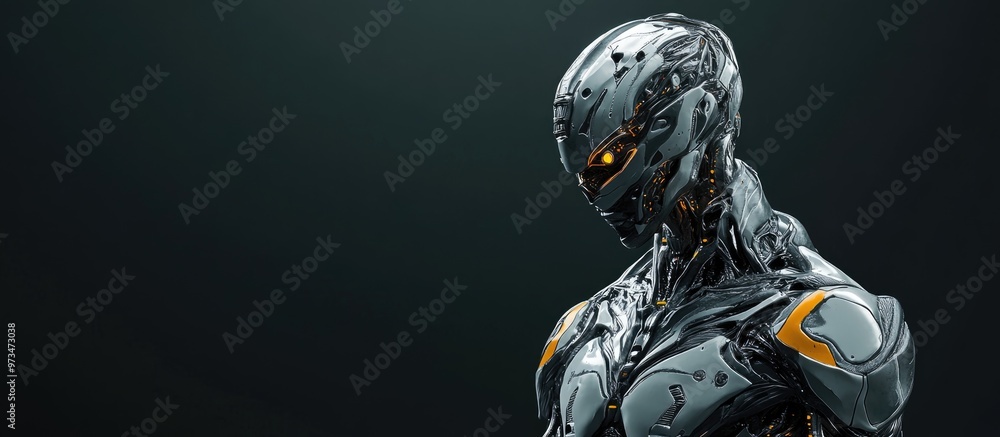 Aufkleber detailed humanoid cyborg with alien features upper body view isolated on a dark background 3d render