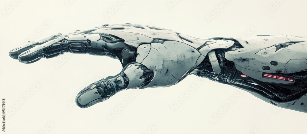 Poster 3d rendering of a robotic hand with a finger extended set against a white background