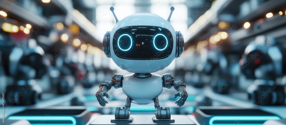 Poster 3d rendering of a cute robot with robotic arm in an automated factory setting showcasing the concept