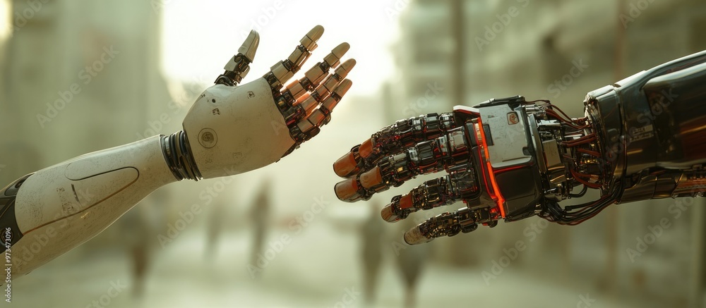 Poster close up of a robot and a human exchanging a high five in front of a neutral backdrop