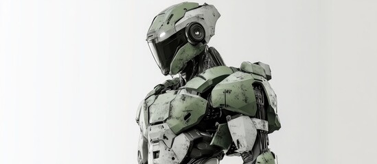 Futuristic mech soldier in green and gray metal stands against a white background The piloted robot features scratched armor highlighting its military design 3D rendering