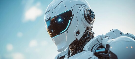 Close up view of a robot soldier in a futuristic 3D illustration