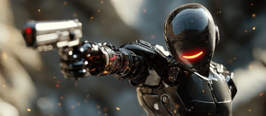 Fototapeta premium Droid soldier soars into action while wielding a pistol rendered in a 3D illustration