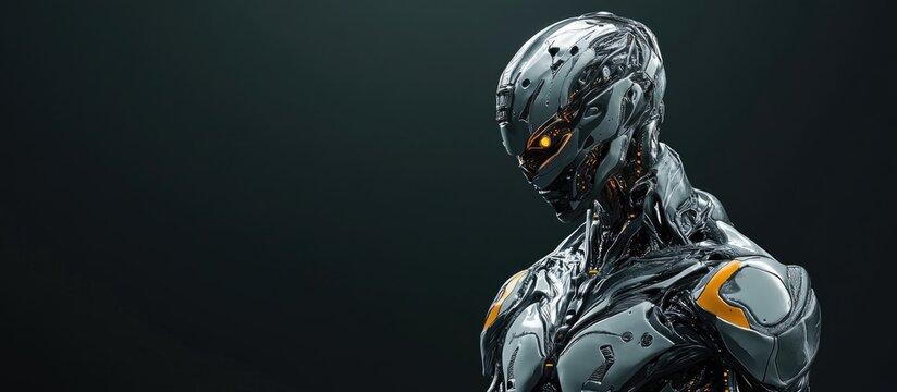 Detailed humanoid cyborg with alien features Upper body view Isolated on a dark background 3D rendering
