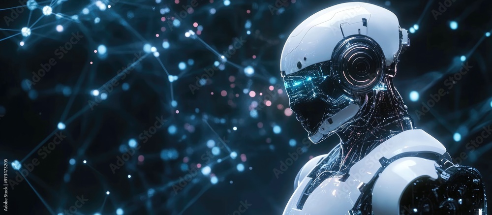 Poster robot in a suit conducts a scan of the surrounding area