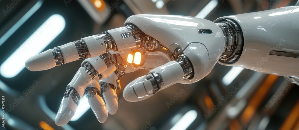Poster a robotic hand presses a button in a 3d illustration featuring a clipping path for easy integration