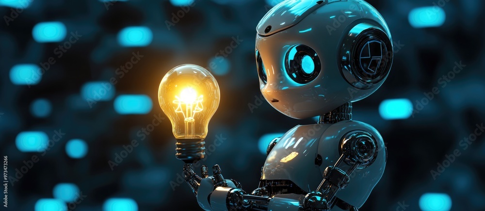 Poster 3d rendering of a mini robot holding a light bulb illustrating the concept of machine learning