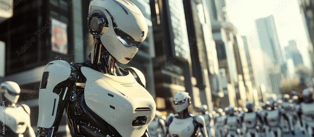 Poster female robot traversing a modern urban landscape alongside humans and other robots 3d rendering