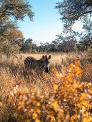 Fototapeta premium Zebra Partially Hidden in Tall Grass and Trees