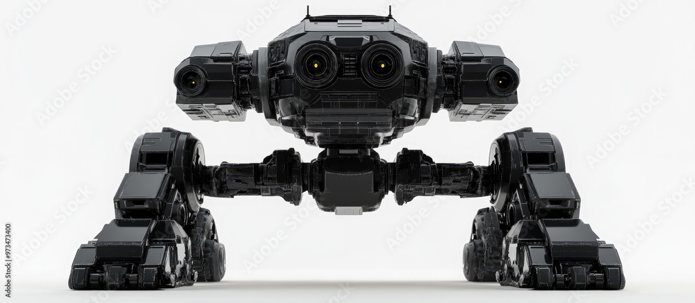 Poster close up rear view of a black heavy mech on a white background this super robot gun in clipping path