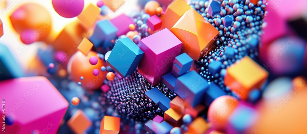 Poster bitmap illustration of abstract geometric shapes and patterns in vibrant colors creating a visually 