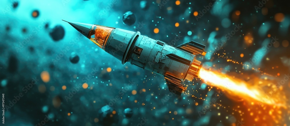 Poster 3d rendering of a rocket symbolizing the decline of cryptocurrency