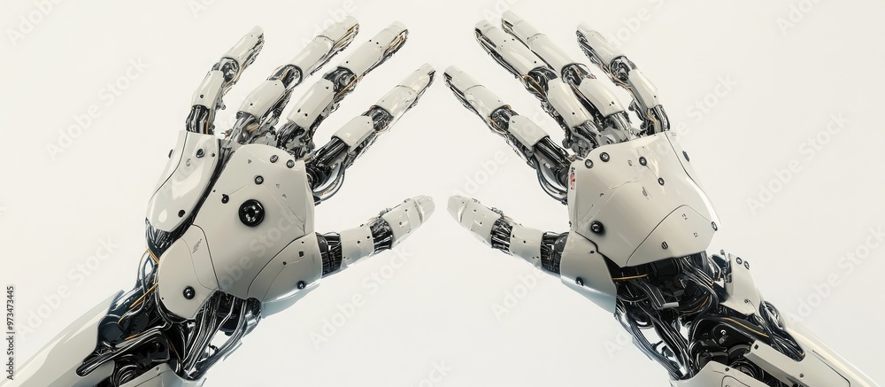Poster cyborg and robotic hands with palms facing up isolated on a white background illustrating concepts o
