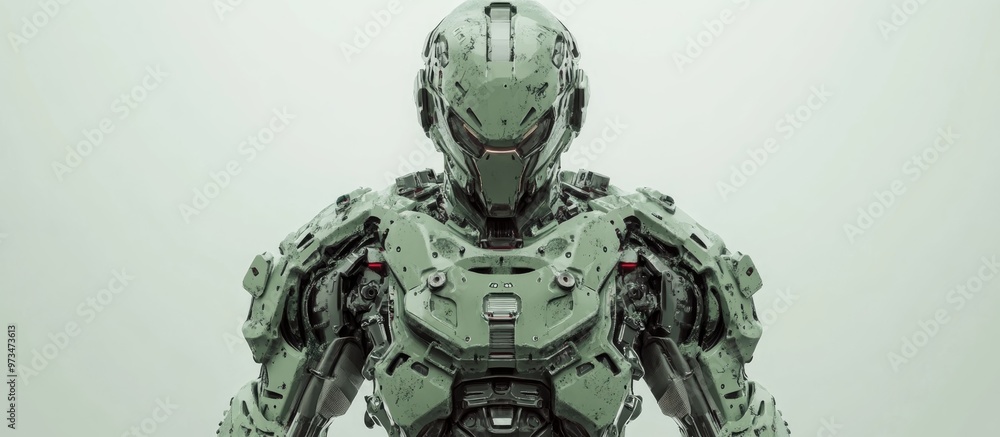 Poster futuristic mech soldier in green and gray armor against a white background robot controlled by a pil