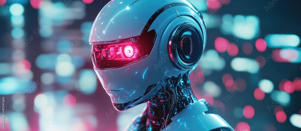 Poster robot in a digital environment with a virtual backdrop 3d rendering