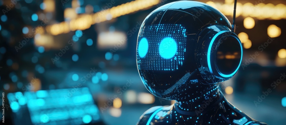 Poster businessperson presenting ai chatbot graphics illustrating a digital assistant for customer interact