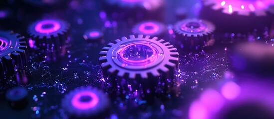 Obraz premium Light gear against a dark backdrop with purple illumination