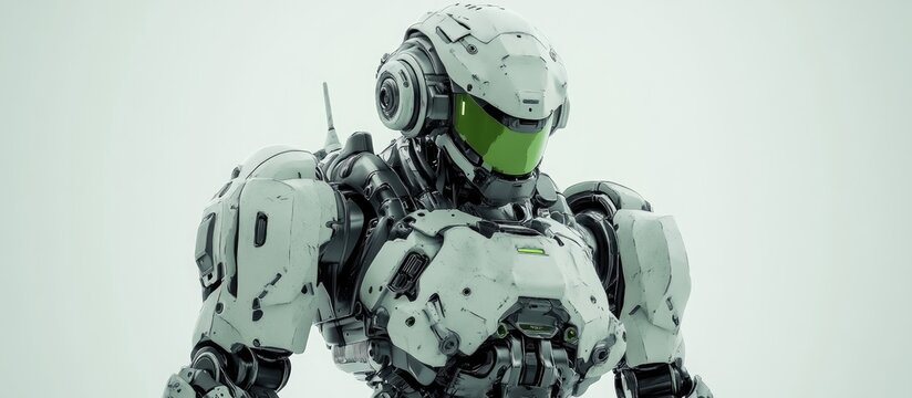 Futuristic military mech soldier displayed against a white background Robot features green and gray metal armor showing signs of wear 3D rendering of a piloted battle mech