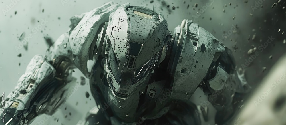 Poster futuristic mech soldier in a dynamic landscape showcasing a green and gray metal design pilot contro