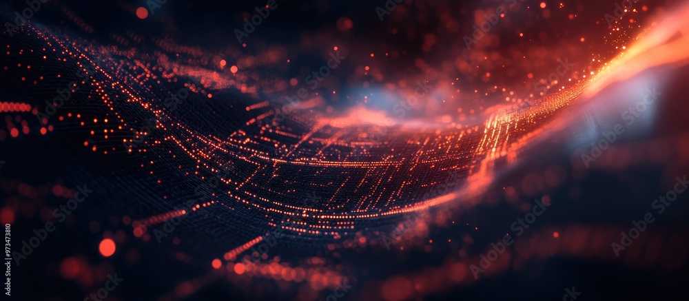 Poster abstract 3d illustration depicting advanced mobile technology with a dark backdrop featuring a plexu