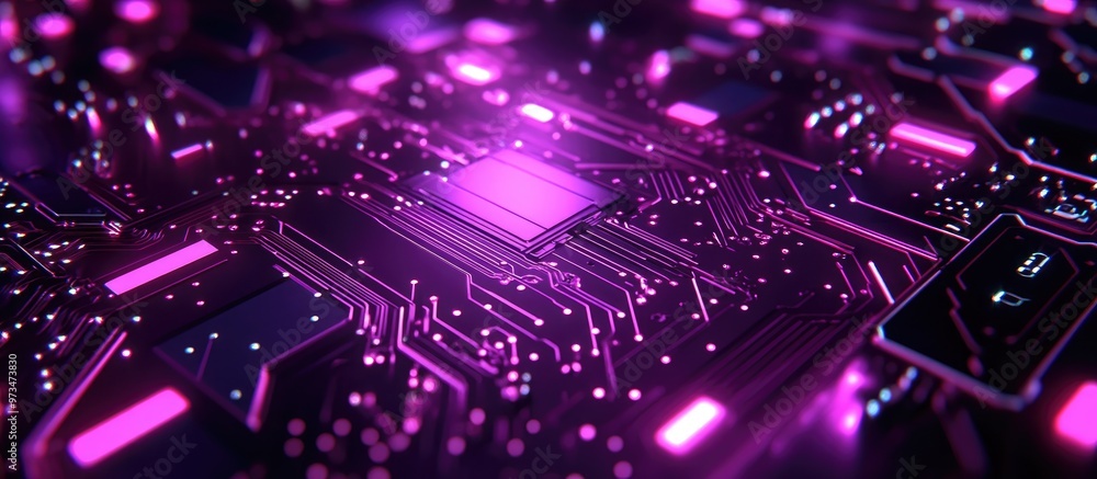 Poster abstract digital background featuring a purple cyber security theme showcasing a futuristic circuit 