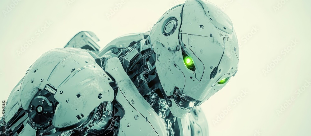 Poster futuristic mech soldier in a white setting military themed robot featuring a green and gray metallic