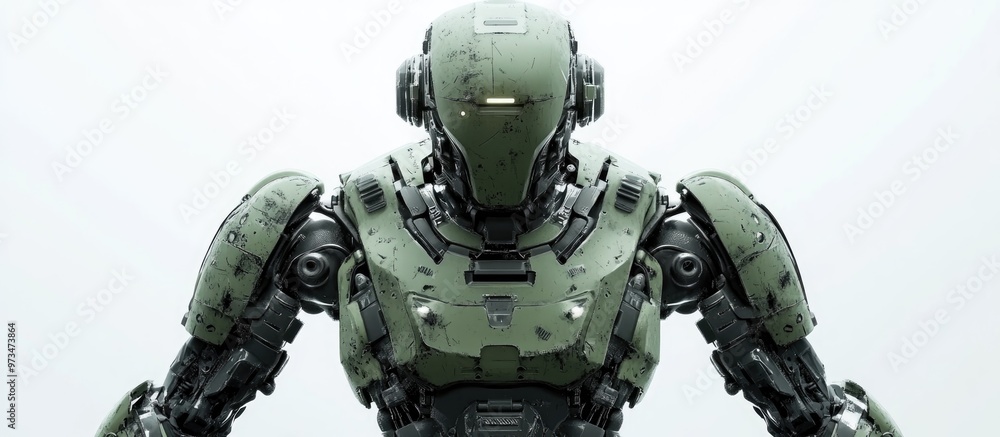 Poster futuristic mech soldier in green and gray metal standing against a white background pilot controlled