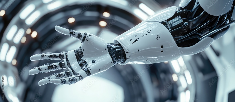 Poster cyborg with a white design extending his hand against a futuristic spaceship backdrop in 3d renderin