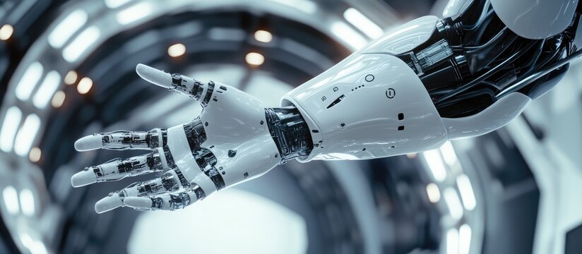 Cyborg with a white design extending his hand against a futuristic spaceship backdrop in 3D rendering