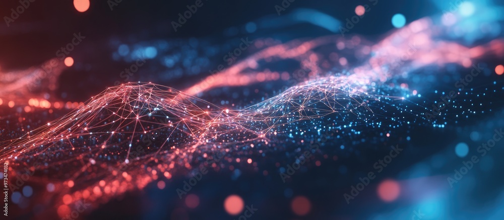 Fototapete abstract technology background featuring particle connections for iot communication data science art