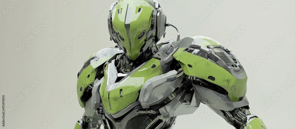 Poster futuristic mech soldier on a plain background featuring a green and gray metal design piloted robot 