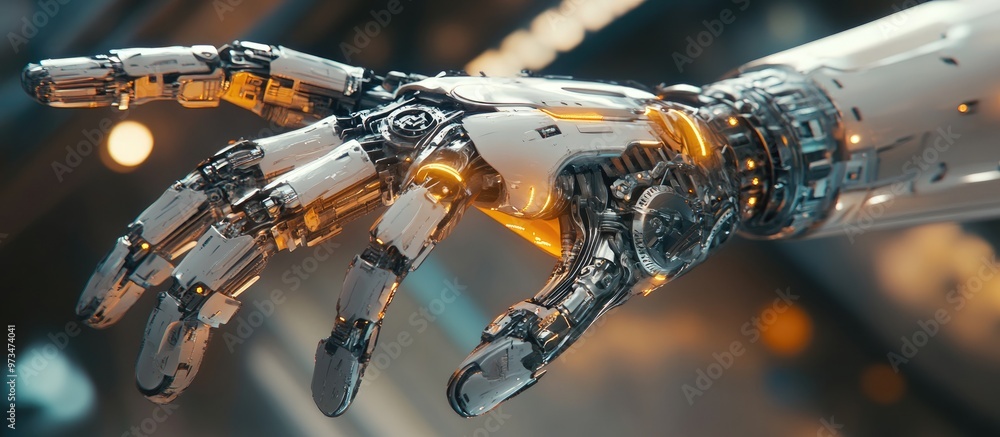 Poster robotic hand with intricate mechanics and design features