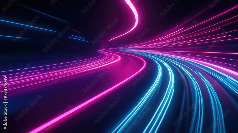 Poster dynamic motion on a neon lit road in darkness swift movement along the path vibrant light trails sig