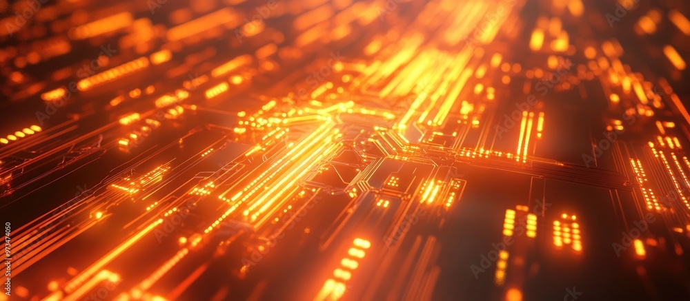 Poster orange abstract background featuring a futuristic cyber circuit design representing advanced technol