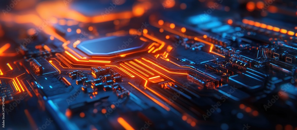 Poster futuristic circuit board with server code processing featuring an orange and blue technology backgro