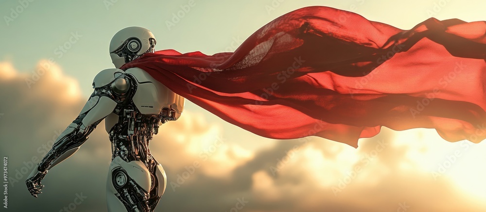 Poster heroic robot assistant soars with a red cape billowing behind showcasing artificial intelligence sup