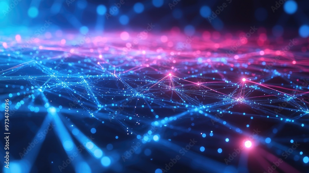 Fototapete Glowing lines and dots create a digital plexus in this abstract 3D rendering representing a network or connection concept