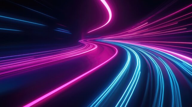 Dynamic motion on a neon lit road in darkness Swift movement along the path Vibrant light trails signify acceleration Abstract depiction with pink and blue streaks